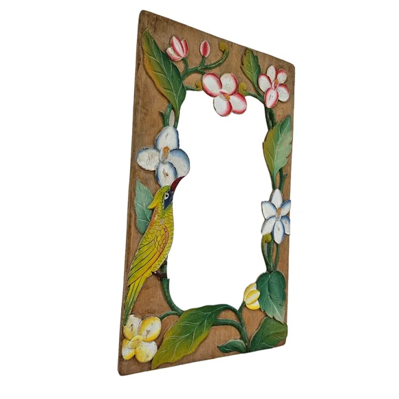 Vintage Tropical Bird & Flowers Wood Frame 11 3/4" x 20" - Picture 2 of 12